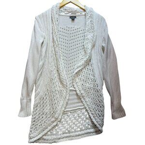 Eddie Bauer Women's Crochet Open-Front Cardigan Sweater Knit Sz PL White Stretch